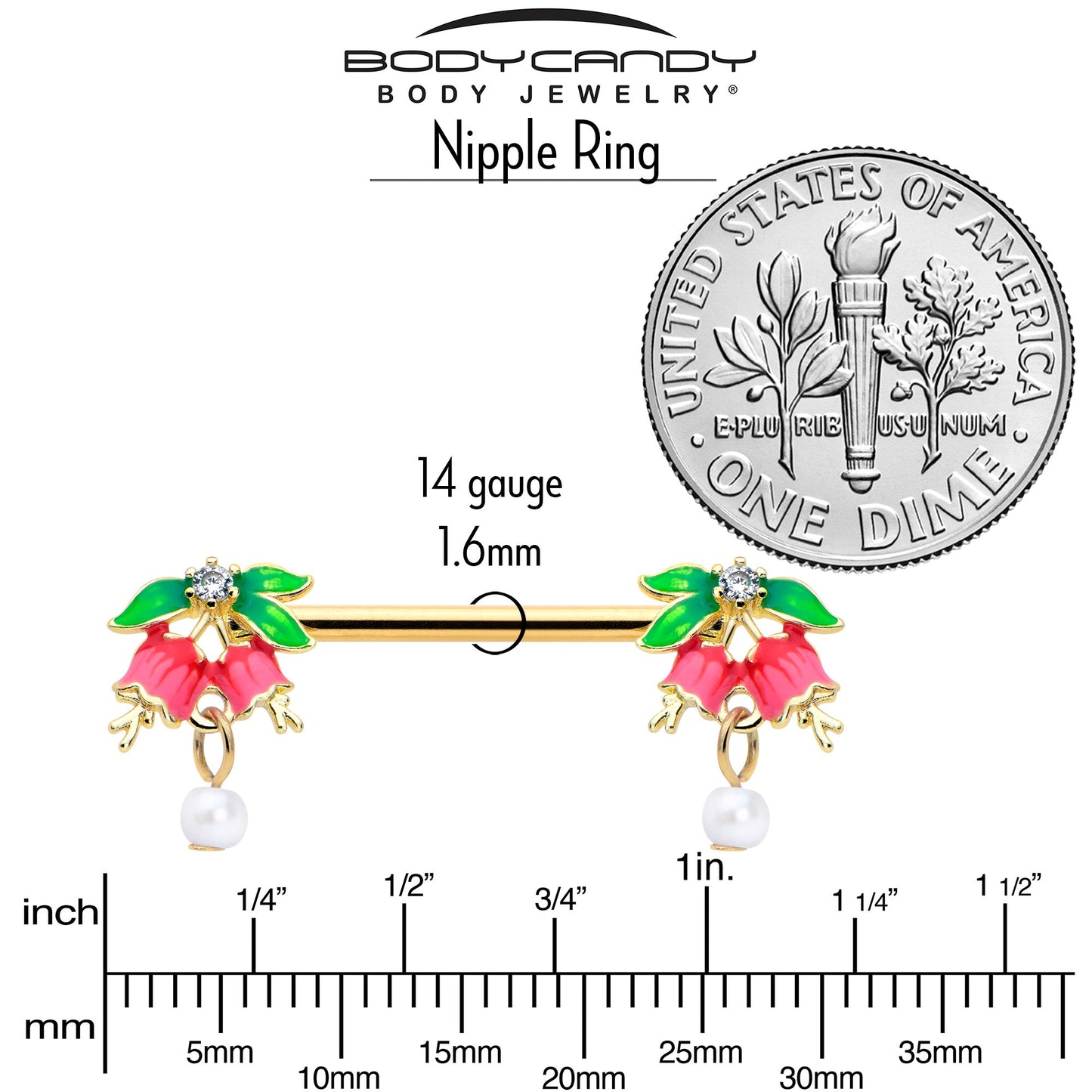 14G 9/16 Clear CZ Gem Gold Hue Bell Flower Barbell Nipple Ring Set