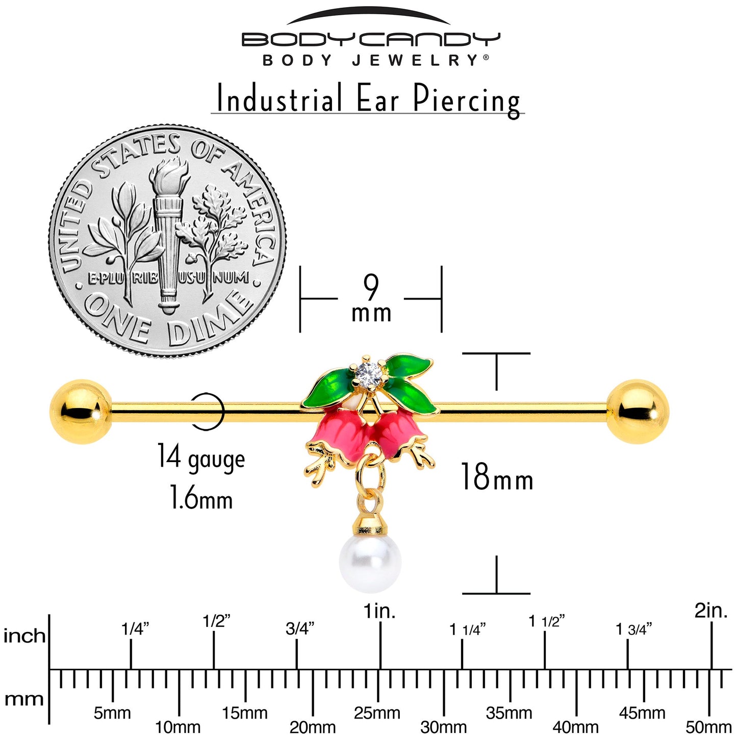 14G Clear CZ Gem Gold Tone Bell Flower Industrial Barbell 38mm