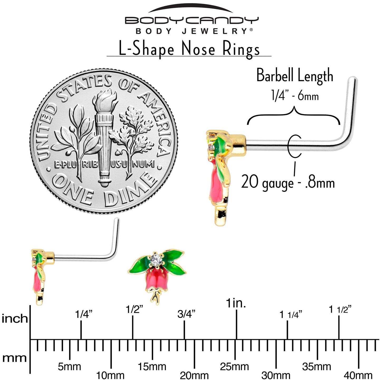 20G 7mm Clear CZ Gem Bell Flower L Shape Nose Ring