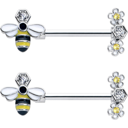 14G 9/16 Yellow Clear CZ Gem Flower Bee Barbell Nipple Ring Set