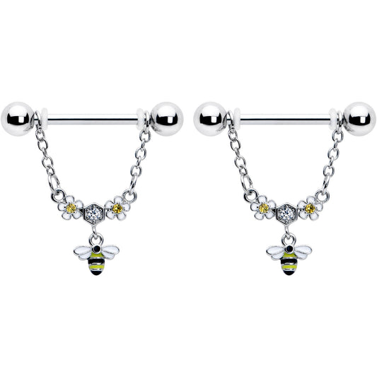 14G 9/16 Yellow CZ Gem Flower Bee Chain Dangle Nipple Ring Set