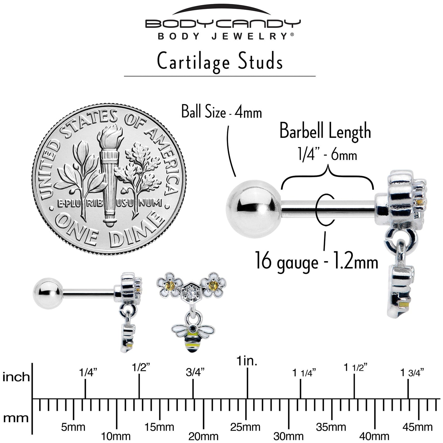 16G 1/4 Yellow CZ Gem Flower Bee Dangle Cartilage Tragus Earring