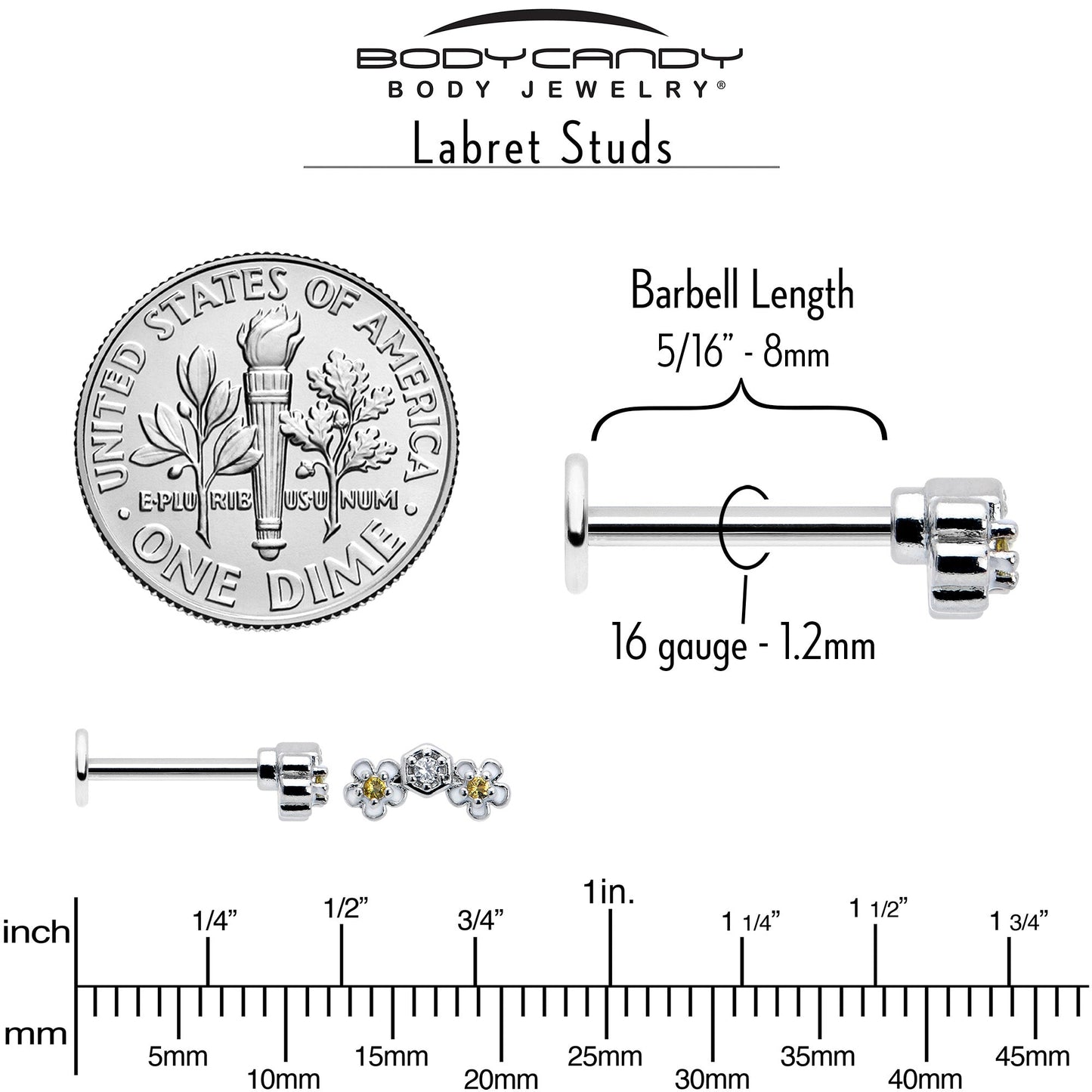 16G 5/16 Yellow CZ Gem Honeycomb Flower Labret Monroe Tragus