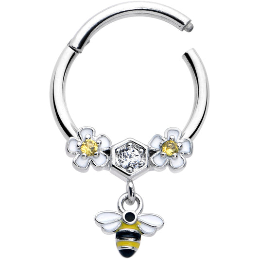 16G 3/8 Yellow CZ Gem Flower Bee Dangle Hinged Segment Ring