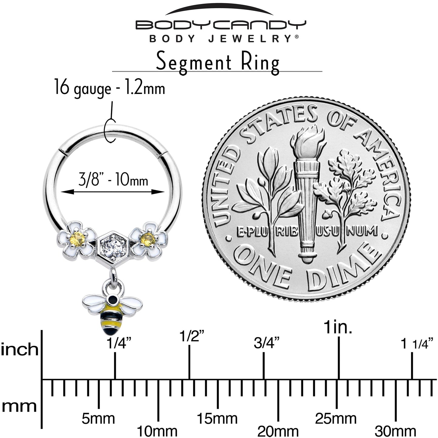 16G 3/8 Yellow CZ Gem Flower Bee Dangle Hinged Segment Ring