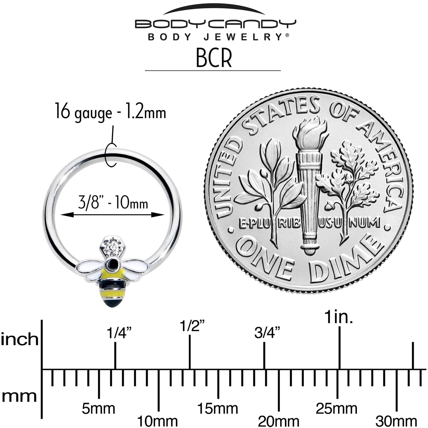 16G 3/8 Clear CZ Gem Bee Sweet BCR Captive Ring