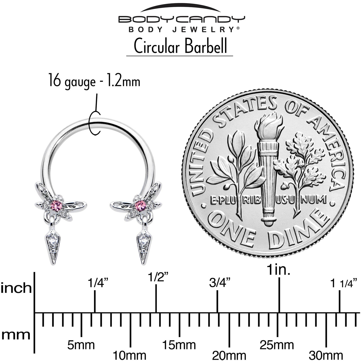 16G 3/8 Pink Gem Swank Dragonfly Dangle Horseshoe Circular Barbell