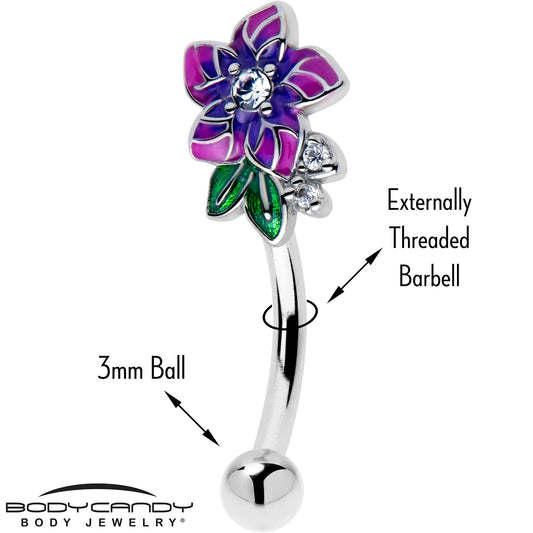 16G 5/16 Clear CZ Gem Flower Purple Curved Eyebrow Ring