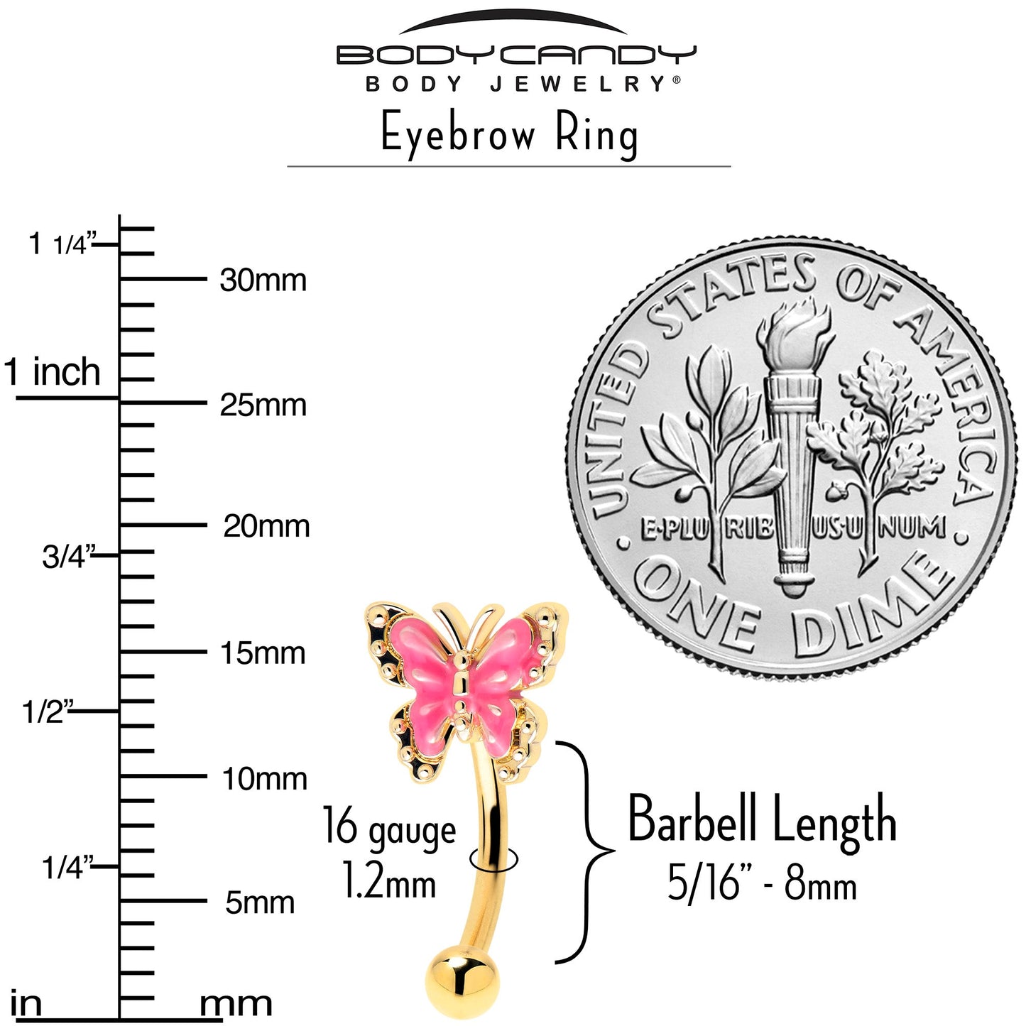 16G 5/16 Gold Tone Butterfly Pink Splash Curved Eyebrow Ring