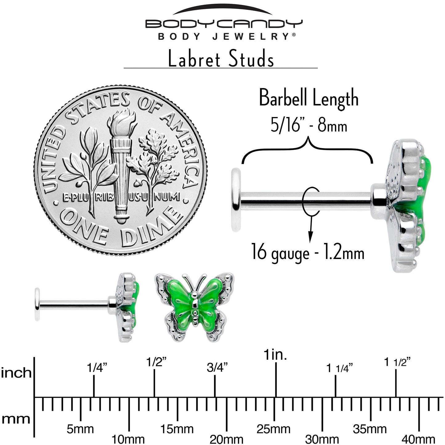 16G 5/16 Butterfly Green Splash Labret Monroe Tragus