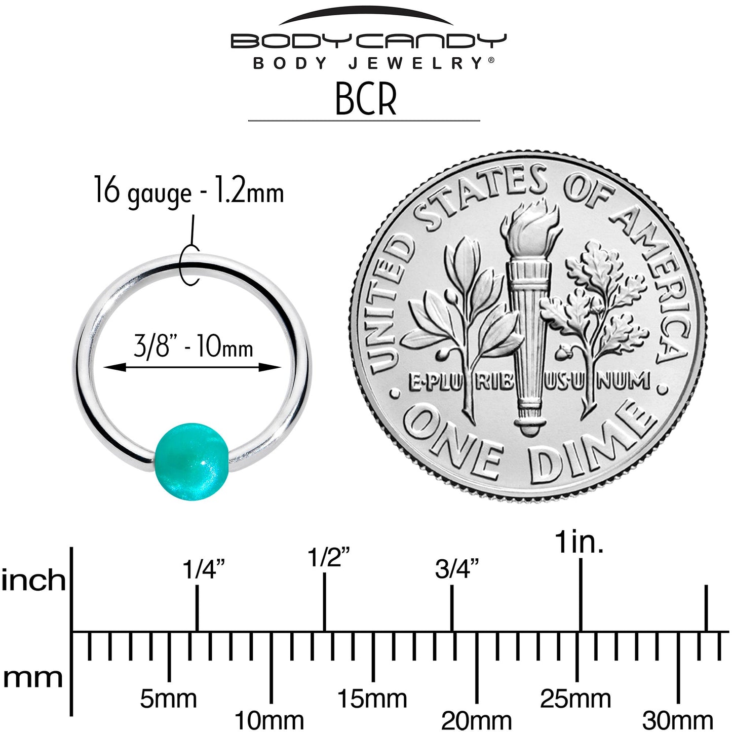 16G 3/8 Simple Opaque Teal Green Ball BCR Captive Bead Ring