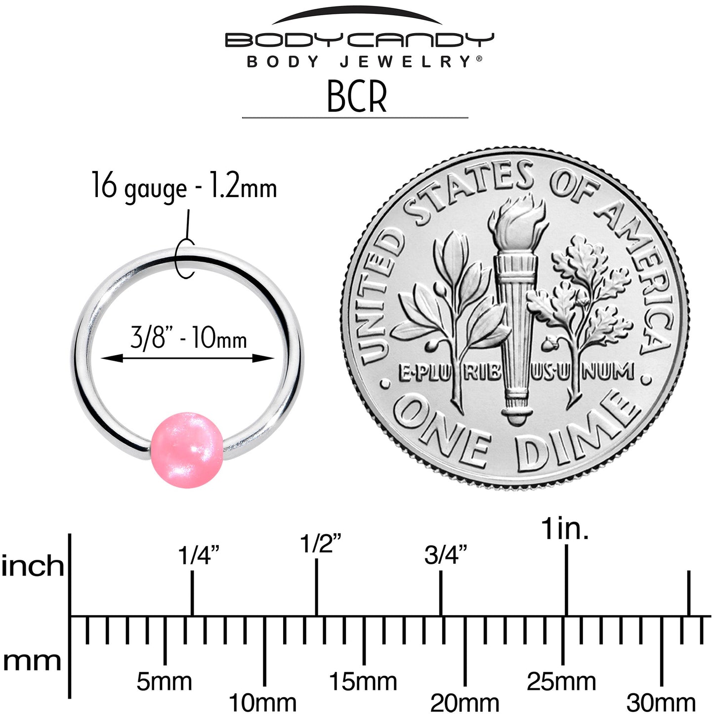 16G 3/8 Simple Opaque Pink Ball BCR Captive Bead Ring