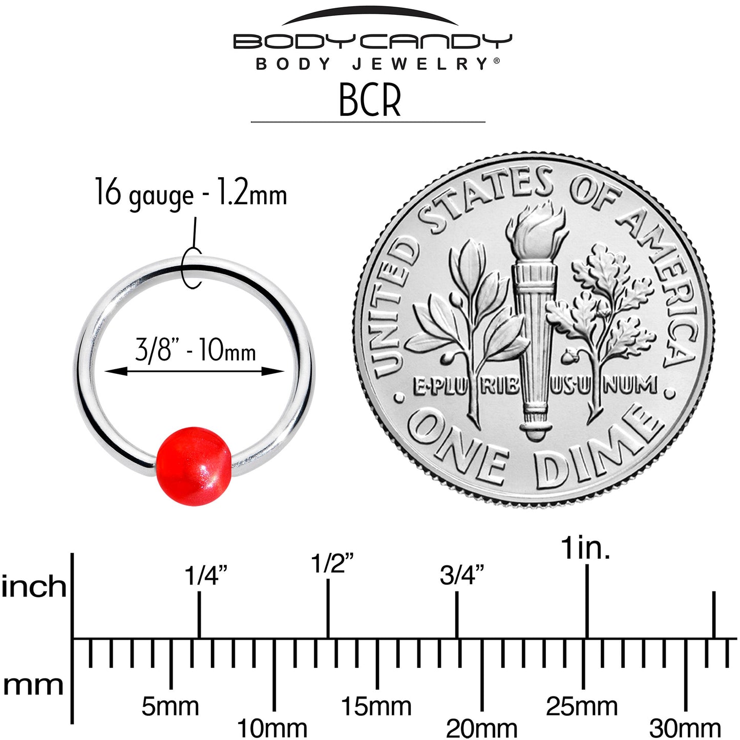 16G 3/8 Simple Opaque Bright Red Ball BCR Captive Bead Ring