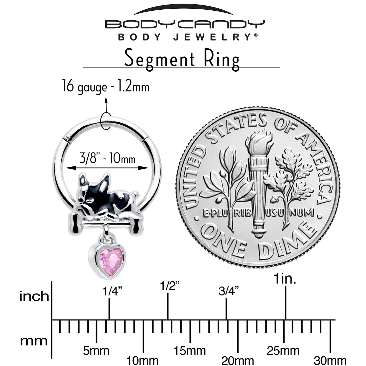 16G 3/8 Pink CZ Gem Sleepy French Bulldog Dangle Hinged Segment Ring