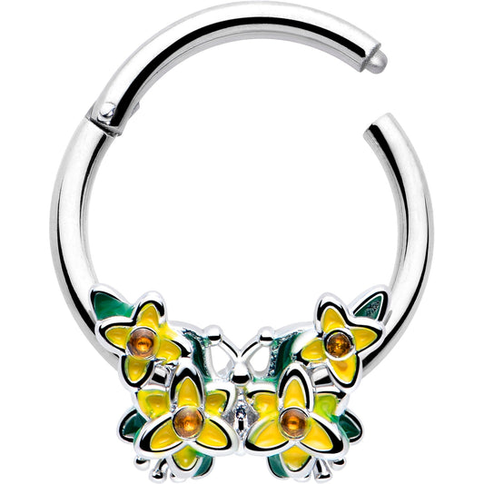 16G 3/8 Yellow CZ Gem Blooming Butterfly Hinged Segment Ring