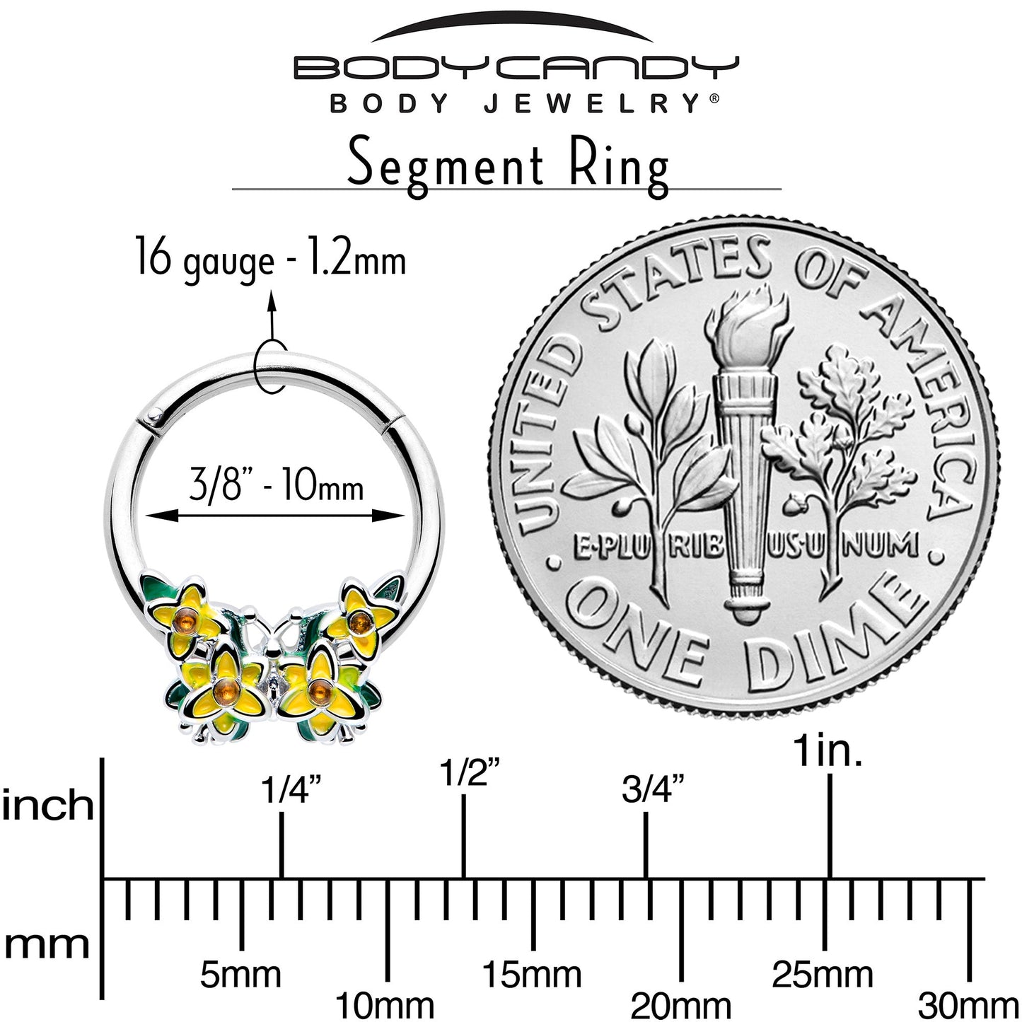 16G 3/8 Yellow CZ Gem Blooming Butterfly Hinged Segment Ring