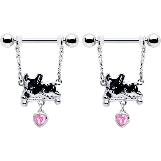 14G 9/16 Pink Gem Sleepy French Bulldog Chain Dangle Nipple Ring Set