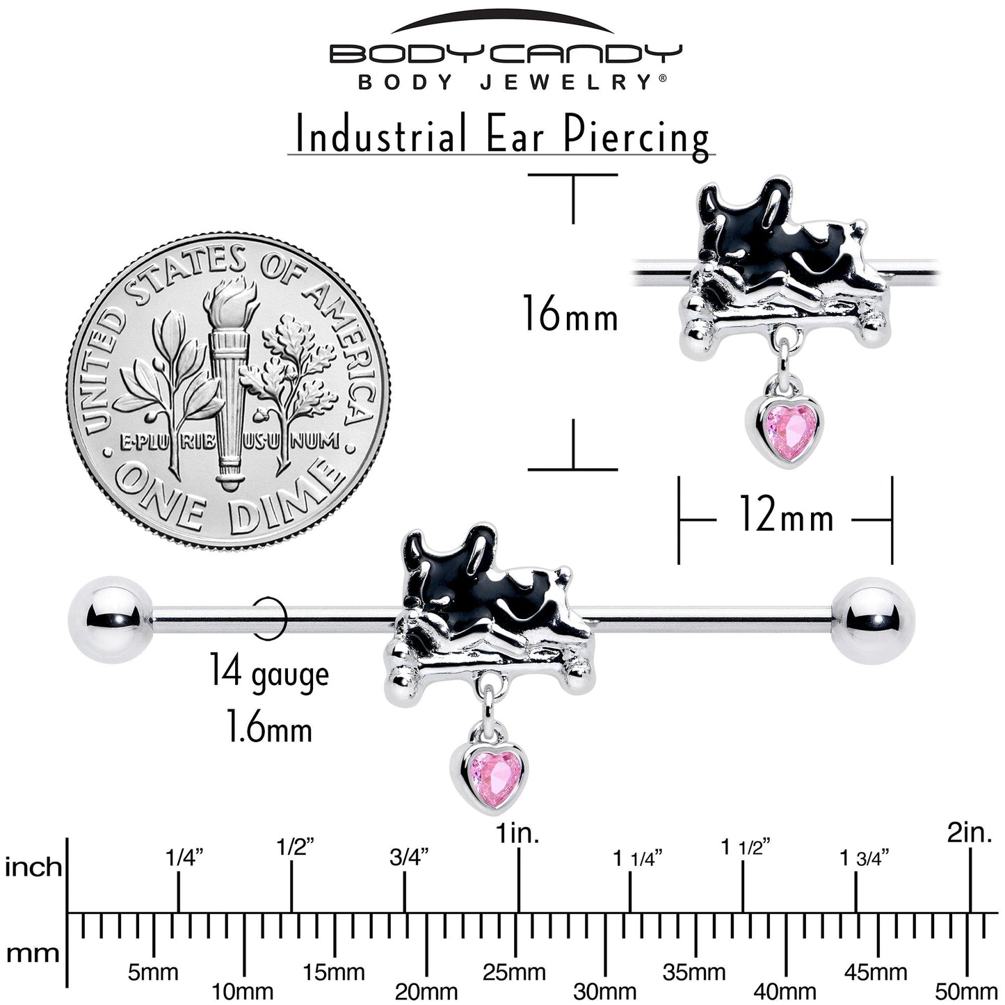 14G Pink Gem Sleepy French Bulldog Dangle Industrial Barbell 38mm