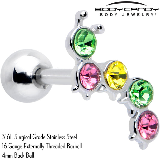 16G 1/4 Pink Green Gem Caterpillar Cartilage Tragus Earring