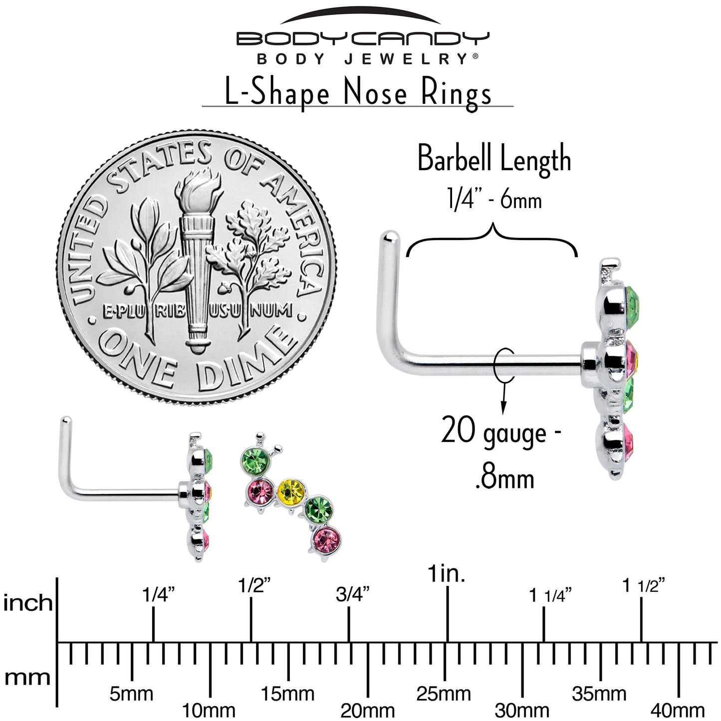 20G 7mm Pink Green CZ Gem Caterpillar L Shape Nose Ring