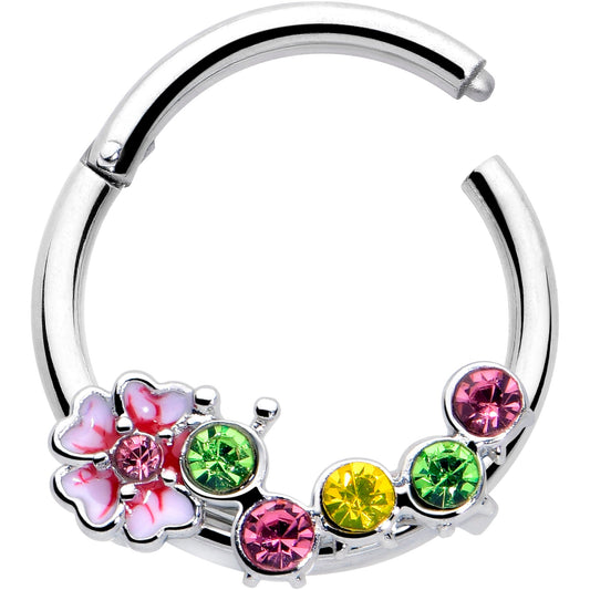 16G 3/8 Green Pink CZ Gem Caterpillar Flower Hinged Segment Ring