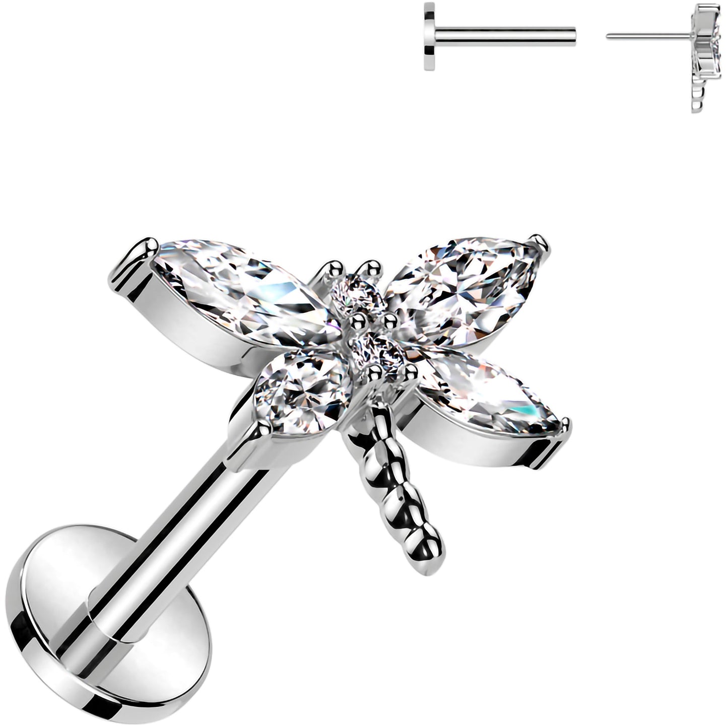 Surgical Steel Flat Back Earring - 16G With Cubic Zirconia Dragonfly