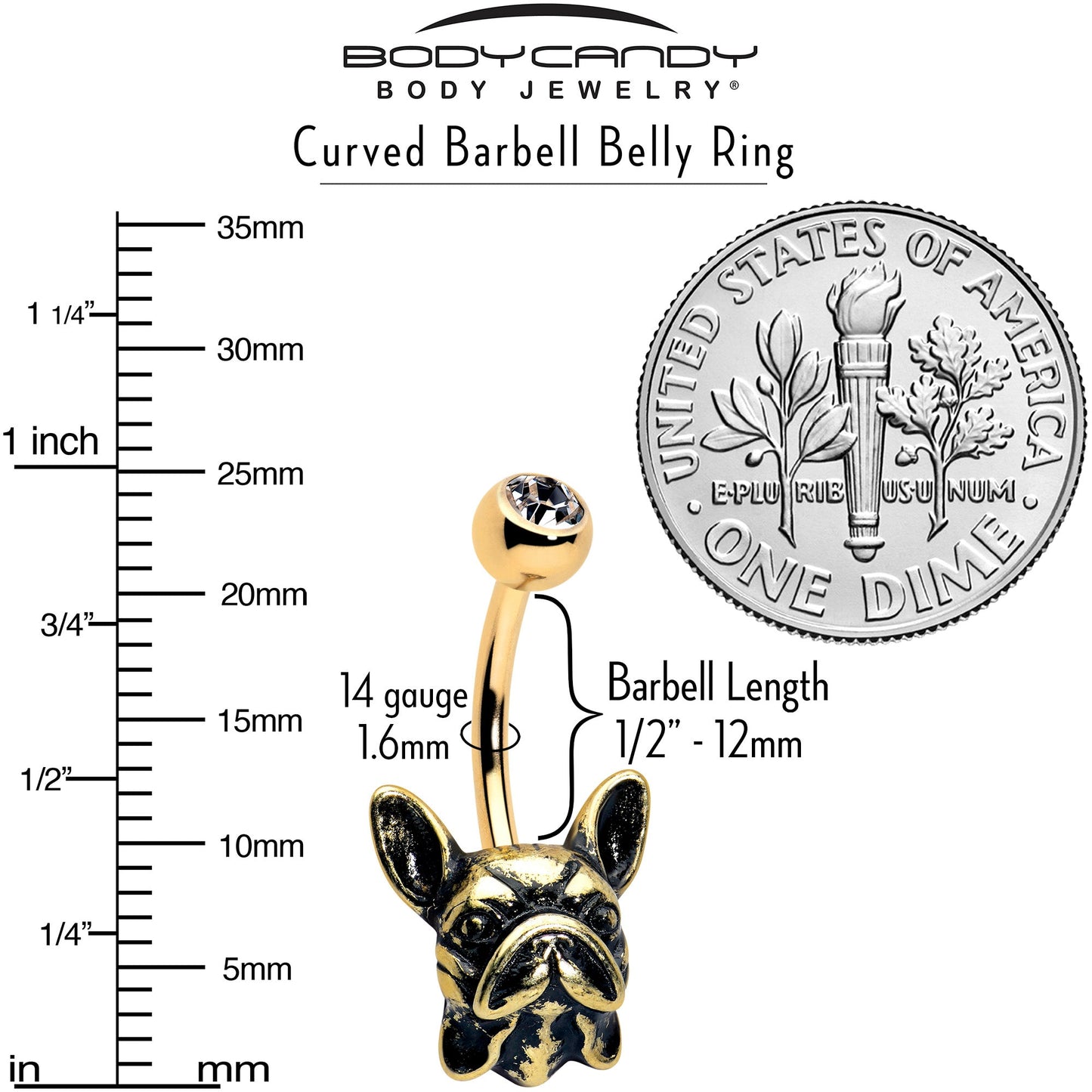 Clear CZ Gem Gold Tone Anodized French Bulldog Belly Ring