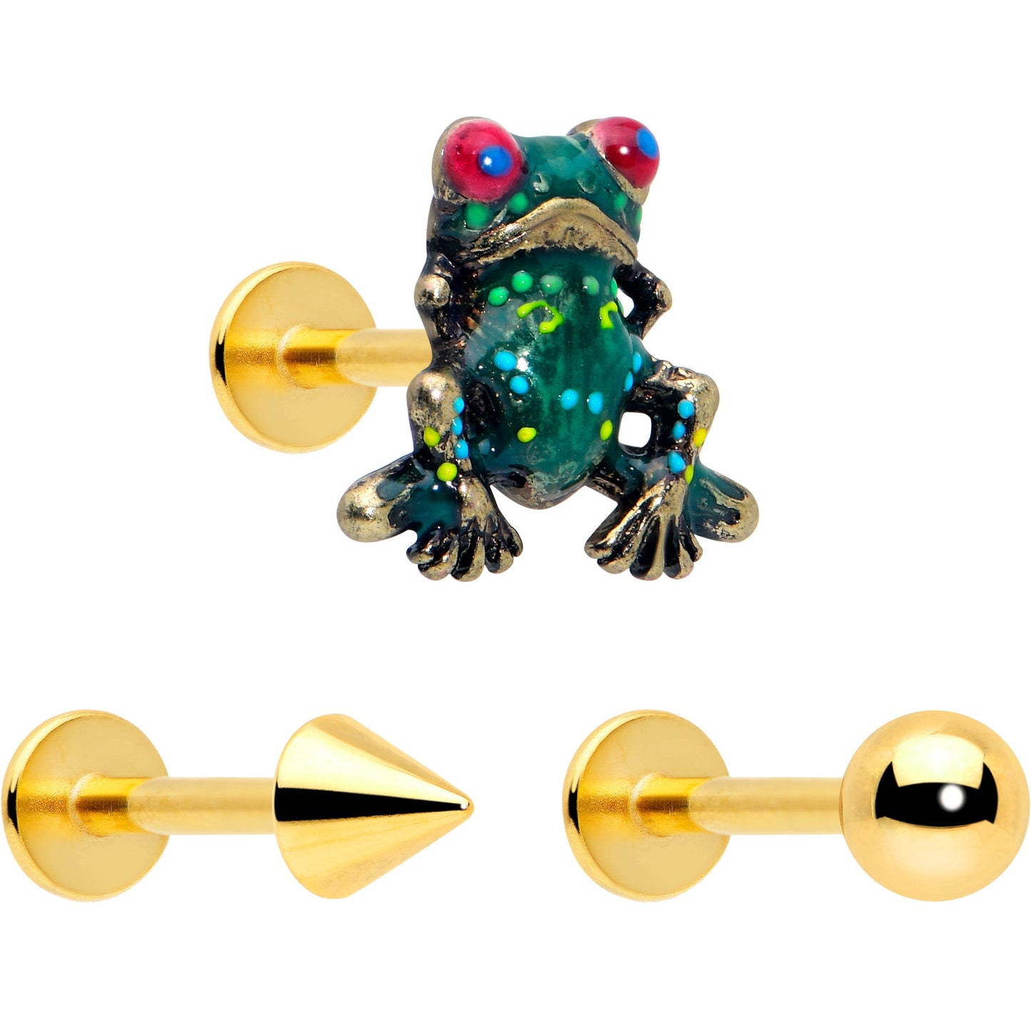 16G Frog Flat Back Earring Set Internally Threaded 3 Pack