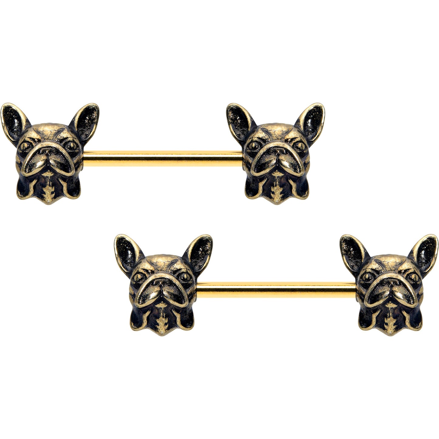 14G 5/8 Gold Tone Anodized French Bulldog Barbell Nipple Ring Set