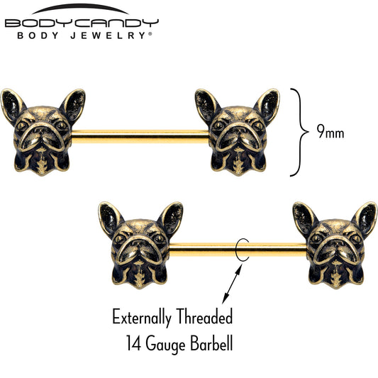 14G 5/8 Gold Tone Anodized French Bulldog Barbell Nipple Ring Set