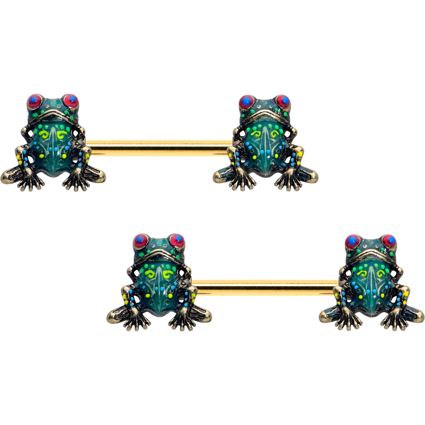 14G 5/8 Gold Tone Anodized Colorful Tree Frog Nipple Ring Set