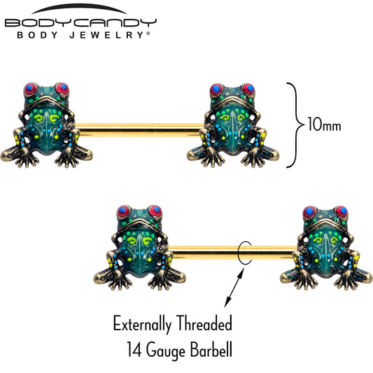 14G 5/8 Gold Tone Anodized Colorful Tree Frog Nipple Ring Set