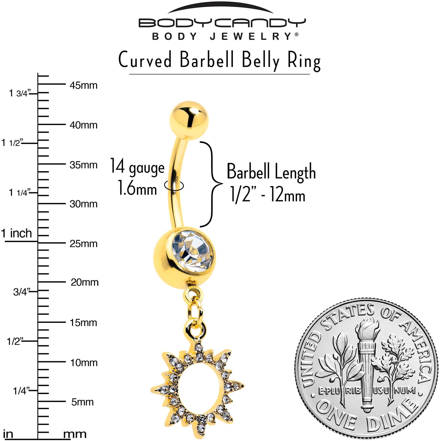 Clear CZ Gem Gold Tone Anodized Open Sun Dangle Belly Ring