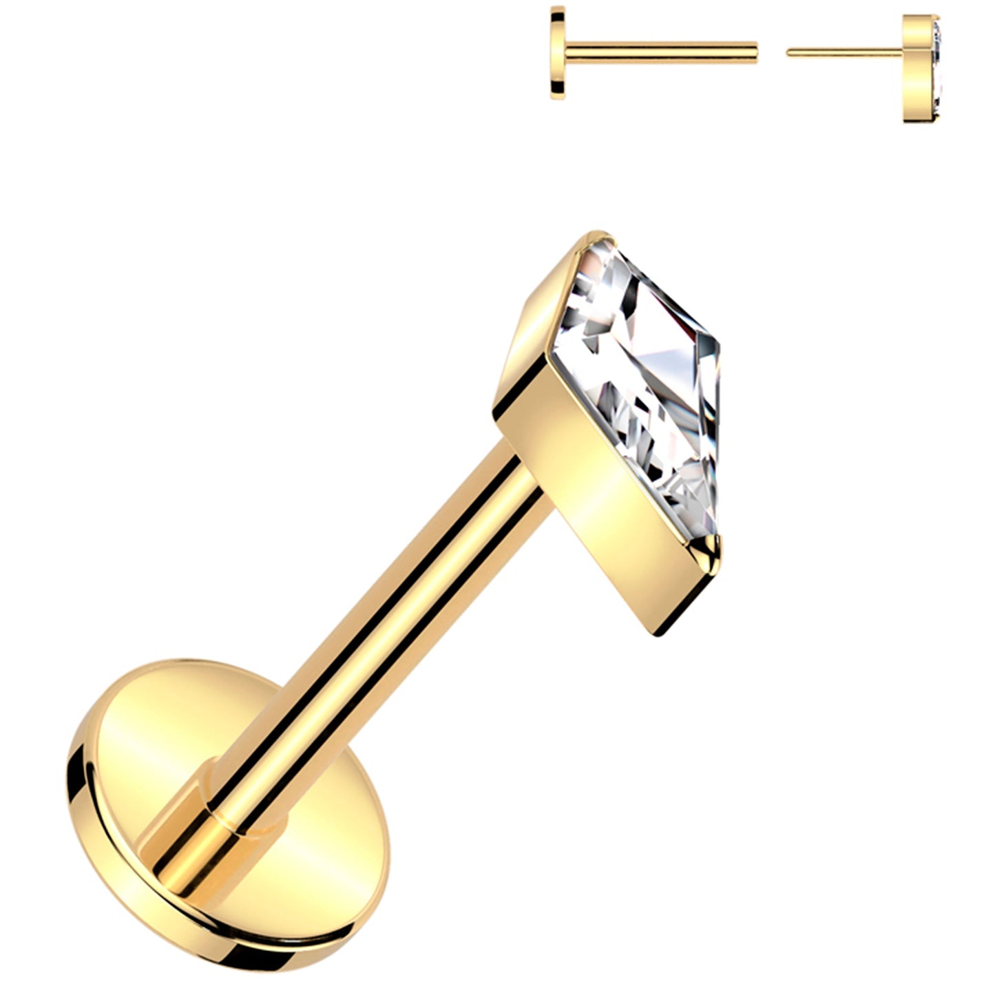 18G 5/16 Clear CZ Gem Spear Gold PVD Medical Grade Titanium Flat Back Earring