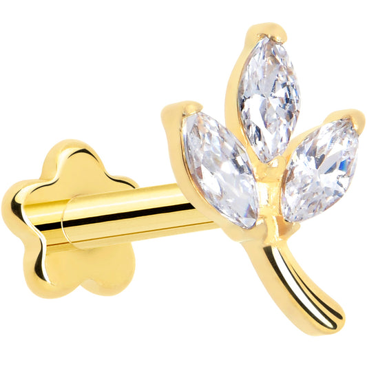 16G 1/4 CZ Gem Leaves Gold PVD Medical Grade Titanium Reversible Flat Back Earring