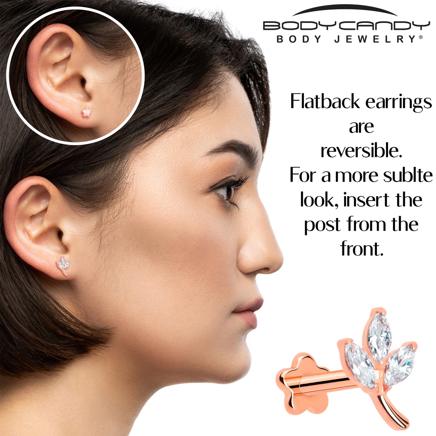 16G 1/4 CZ Gem Leaves Rose Gold PVD Medical Grade Titanium Reversible Flat Back Earring