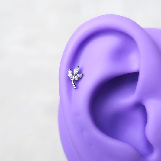 16G 1/4 CZ Gem Leaves Medical Grade Titanium Reversible Flat Back Earring