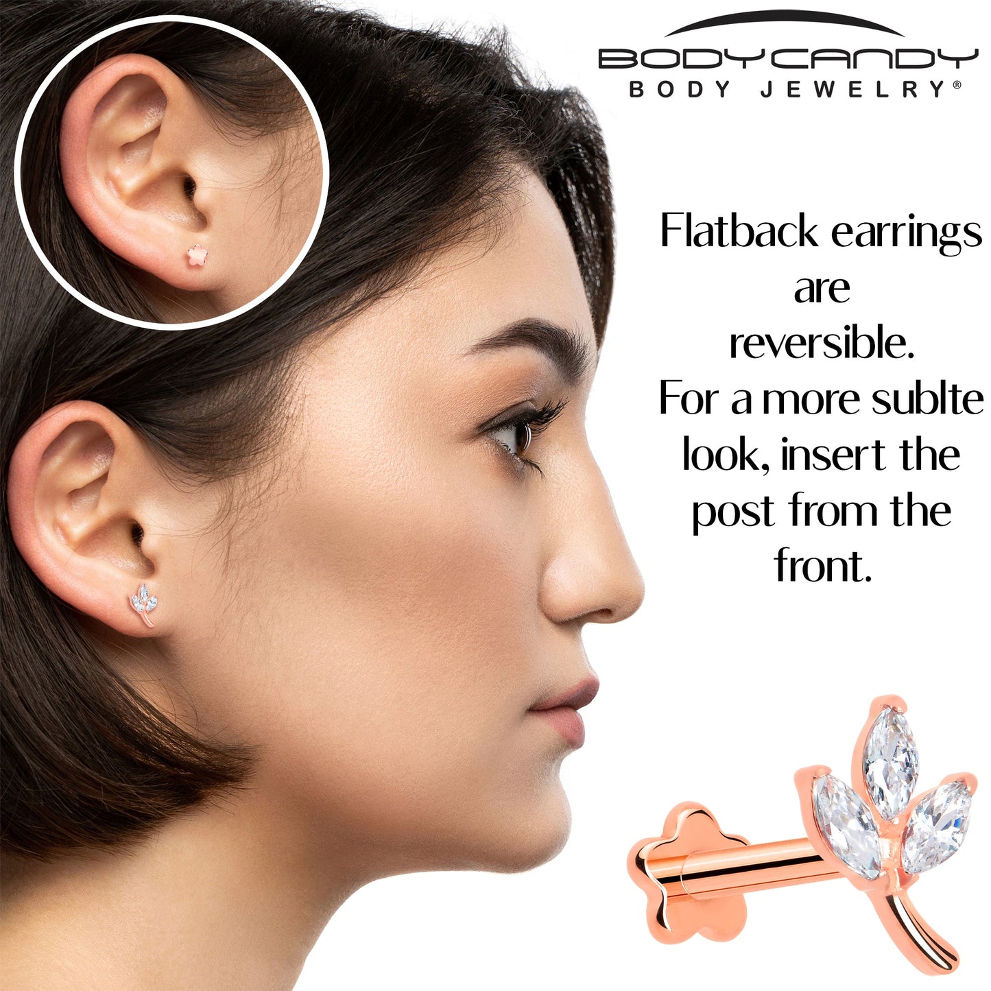 16G 5/16 CZ Gem Leaves Rose Gold PVD Medical Grade Titanium Reversible Flat Back Earring