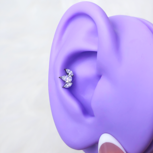 16G 5/16 Clear CZ Gem Oval Trio Medical Grade Titanium Reversible Flat Back Earring