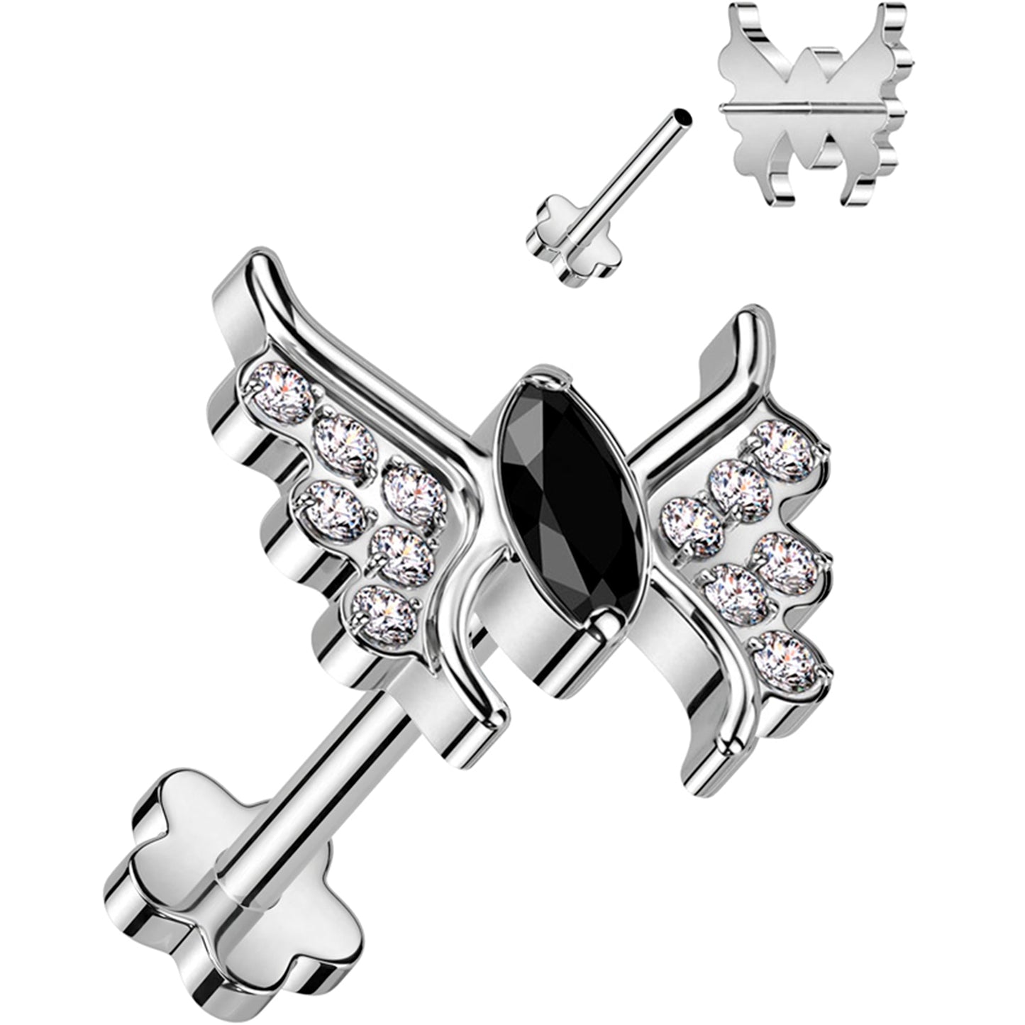 18G 5/16 Black CZ Gem Butterfly Medical Grade Titanium Reversible Flat Back Earring