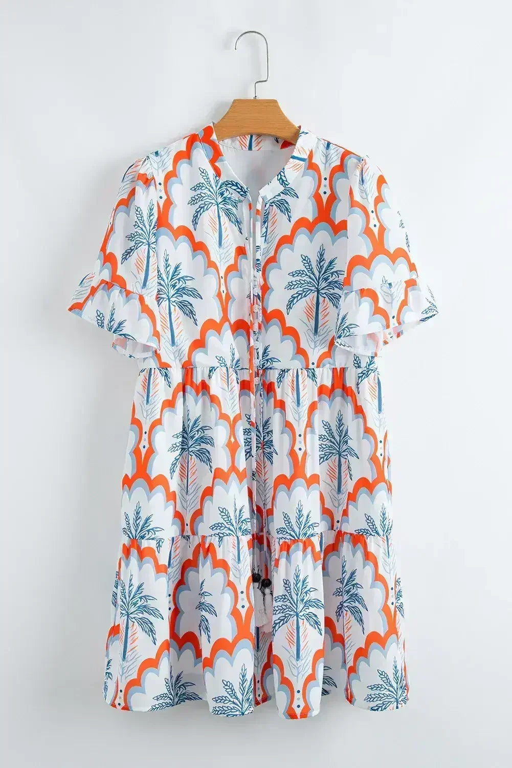 Orange Palm Tree Print Short Sleeve Flowy Dress