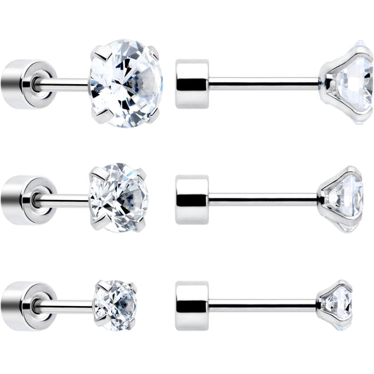 CZ Flat Back Stud Earrings - 3 Pairs
