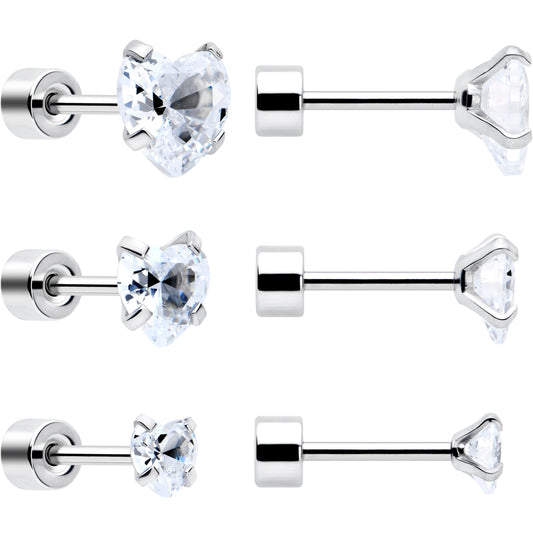 Clear Heart CZ Flat Back Stud Earrings - 3 Pairs