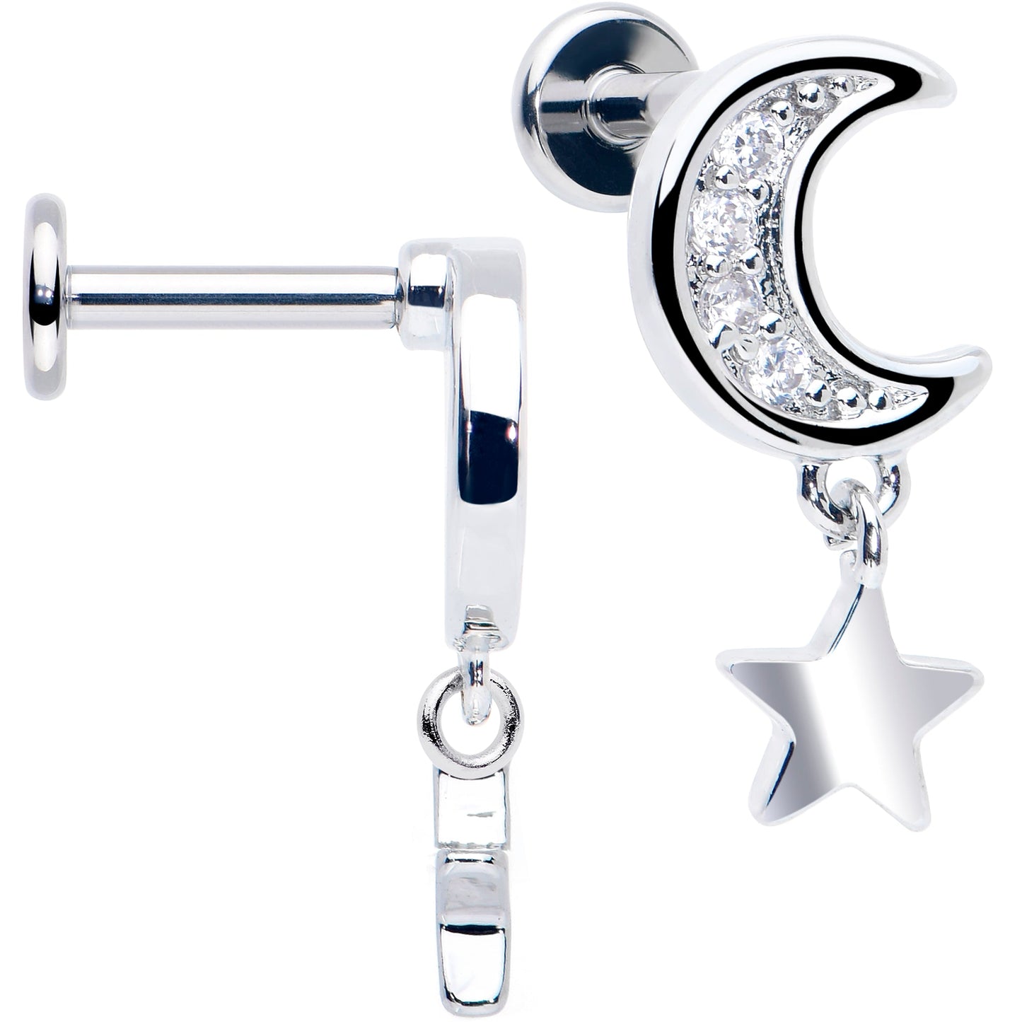 Titanium Flat Back Earring Set - CZ Crescent Moon Star Dangle 16G