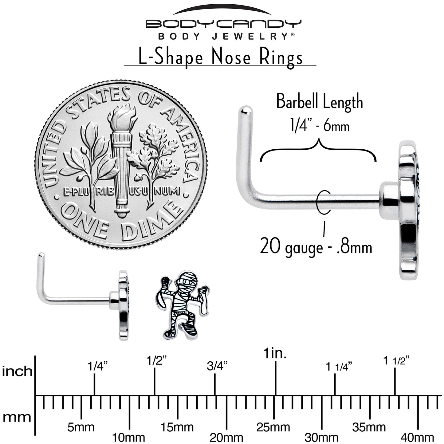 20G 7mm Two Tone Halloween Mummy L Shape Nose Ring