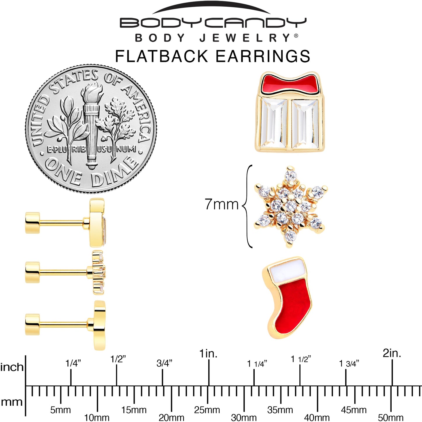 Clear Gem Gold Tone Stocking Christmas Gift Flat Back Earring Set of 6