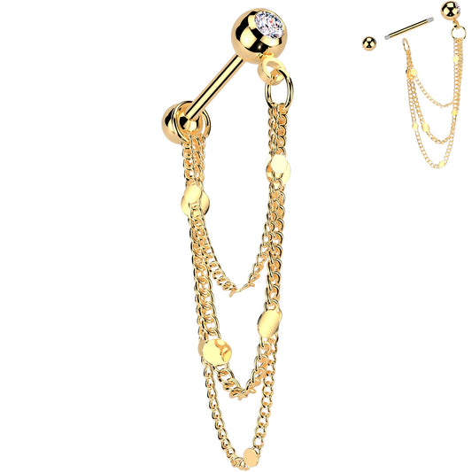 16G 5/16 CZ Gem Stud Triple Chain Cartilage Earring