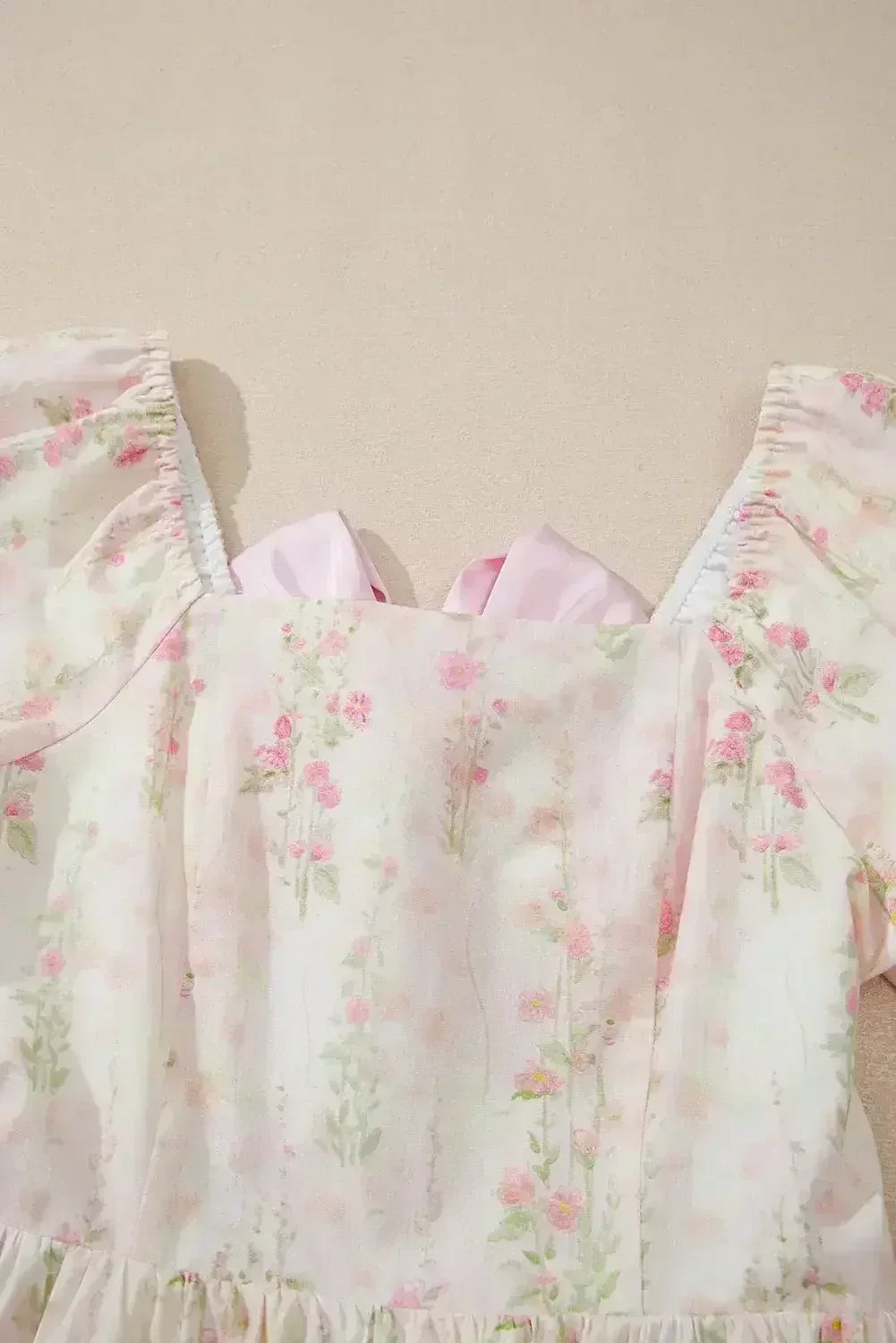 Pink Floral Puff Sleeve Square Neck Knotted Backless Ruffle Mini Dress