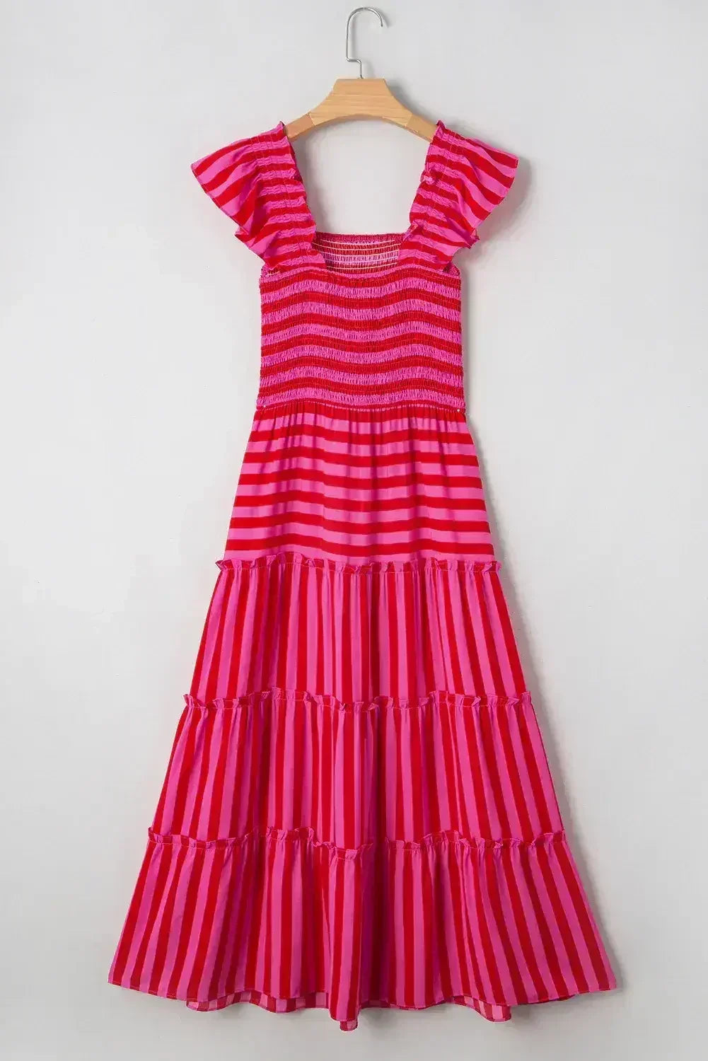 Rose Stripe Ruffle Strap Shirred Bodice Tiered Maxi Dress
