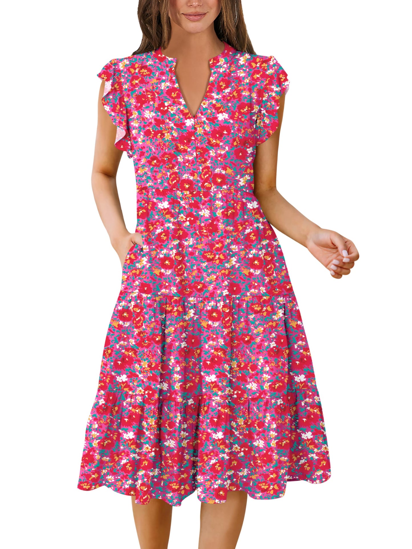 Blue Casual Dresses - Women's Summer Midi Dress - Ruffle Sleeve V-Neck Boho Beach Dress